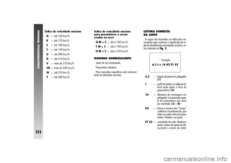 Alfa Romeo 156 2004  Manual de Uso e Manutenção (in Portuguese) CARACTERÍSTICAS TÉCNICAS
312
LEITURA CORRECTA
DA JANTEA seguir são ilustradas as indicações ne-
cessárias para conhecer o significado da si-
gla de identificação estampada na jante, co-
mo ind