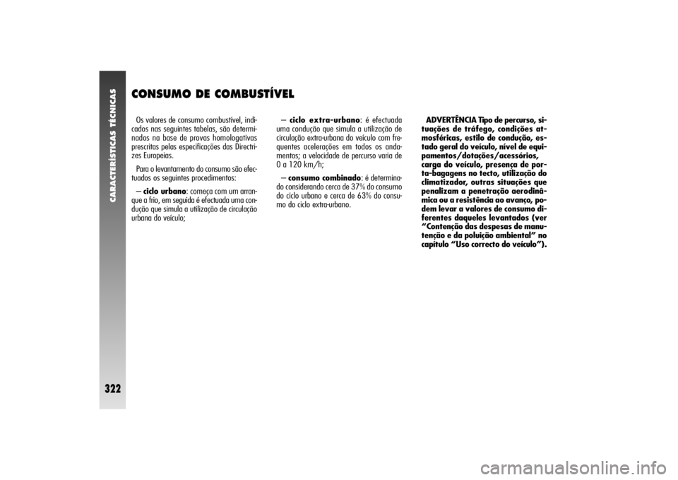Alfa Romeo 156 2004  Manual de Uso e Manutenção (in Portuguese) CARACTERÍSTICAS TÉCNICAS
322
CONSUMO DE COMBUSTÍVELOs valores de consumo combustível, indi-
cados nas seguintes tabelas, são determi-
nados na base de provas homologativas
prescritas pelas especi
