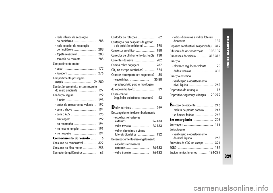 Alfa Romeo 156 2005  Manual de Uso e Manutenção (in Portuguese) ÍNDICE ALFABÉTICO
329
- rede inferior de separação 
do habitáculo  ......................... 288
- rede superior de separação
do habitáculo  ......................... 288
- tapete reversível 