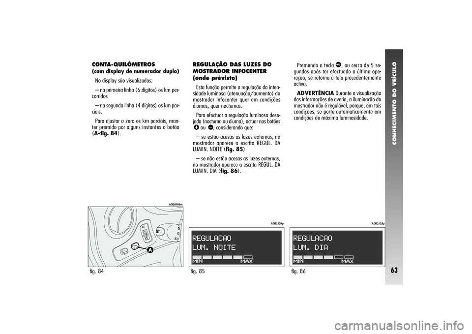 Alfa Romeo 156 2005  Manual de Uso e Manutenção (in Portuguese) CONHECIMENTO DO VEÍCULO63
CONTA-QUILÓMETROS (com display de numerador duplo) 
No display são visualizadas:
– na primeira linha (6 dígitos) os km per-
corridos
– na segunda linha (4 dígitos) o