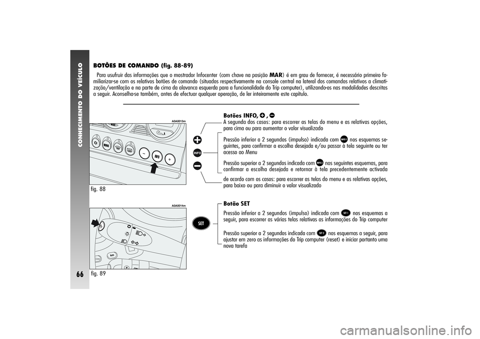 Alfa Romeo 156 2004 Manual de Uso e Manutenção (in Portuguese) CONHECIMENTO DO VEÍCULO66
BOTÕES DE COMANDO
(fig. 88-89)
Para usufruir das informações que o mostrador Infocenter (com chave na posição MAR) é em grau de fornecer, é necessário primeiro fa-
Alfa Romeo 156 2004 Manual de Uso e Manutenção (in Portuguese) CONHECIMENTO DO VEÍCULO66
BOTÕES DE COMANDO
(fig. 88-89)
Para usufruir das informações que o mostrador Infocenter (com chave na posição MAR) é em grau de fornecer, é necessário primeiro fa-