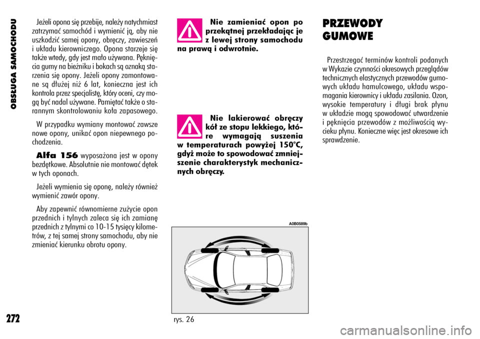 Alfa Romeo 156 2004  Instrukcja obsługi (in Polish) OBS¸UGA SAMOCHODU
272rys. 26
A0B0589b
Je˝eli opona si´ przebije, nale˝y natychmiast
zatrzymaç samochód i wymieniç jà, aby nie
uszkodziç samej opony, obr´czy, zawieszeƒ
i uk∏adu kierownicz
