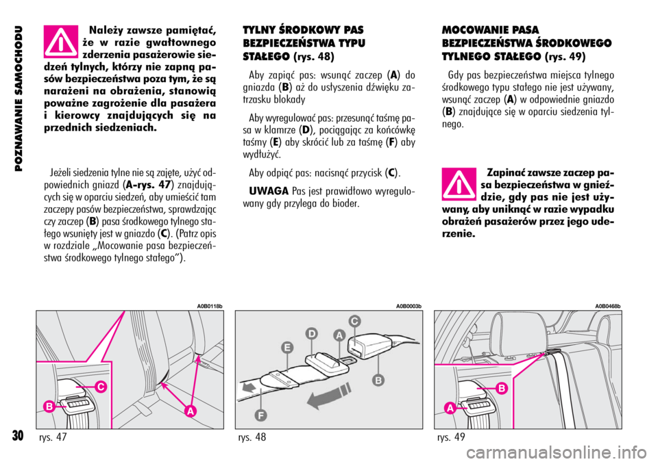 Alfa Romeo 156 2003  Instrukcja obsługi (in Polish) POZNAWANIE SAMOCHODU
30
TYLNY ÂRODKOWY PAS
BEZPIECZE¡STWA TYPU
STA¸EGO
(rys. 48)
Aby zapiàç pas: wsunàç zaczep (A) do
gniazda (B) a˝ do us∏yszenia dêwi´ku za-
trzasku blokady
Aby wyregulow