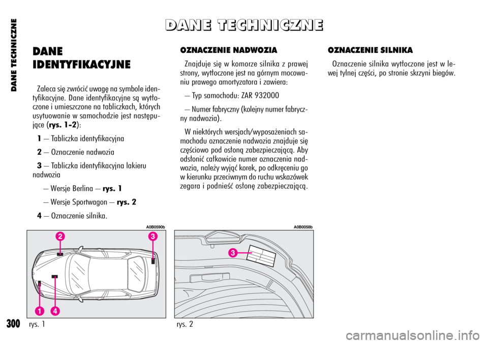 Alfa Romeo 156 2003 Instrukcja obsługi (in Polish) DANE TECHNICZNE
300
OZNACZENIE NADWOZIA
Znajduje si´ w komorze silnika z prawej
strony, wyt∏oczone jest na górnym mocowa-
niu prawego amortyzatora i zawiera:
– Typ samochodu: ZAR 932000
– Nume Alfa Romeo 156 2003 Instrukcja obsługi (in Polish) DANE TECHNICZNE
300
OZNACZENIE NADWOZIA
Znajduje si´ w komorze silnika z prawej
strony, wyt∏oczone jest na górnym mocowa-
niu prawego amortyzatora i zawiera:
– Typ samochodu: ZAR 932000
– Nume