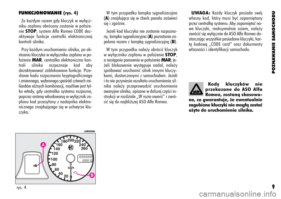 Alfa Romeo 156 2003  Instrukcja obsługi (in Polish) POZNAWANIE SAMOCHODU
9
FUNKCJONOWANIE (rys. 4)
Za ka˝dym razem gdy kluczyk w wy∏àcz-
niku zap∏onu obrócony zostanie w po∏o˝e-
nie STOP, system Alfa Romeo CODE dez-
aktywuje funkcje centralki