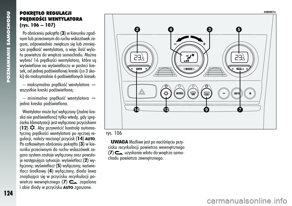 Alfa Romeo 156 2006  Instrukcja obsługi (in Polish) POZNAWANIE SAMOCHODU
124
POKR¢T¸O REGULACJI
PR¢DKOÂCI WENTYLATORA(rys. 106 – 107)Po obróceniu pokr´t∏a ( 3) w kierunku zgod-
nym lub przeciwnym do ruchu wskazówek ze-
gara, odpowiednio zwi
