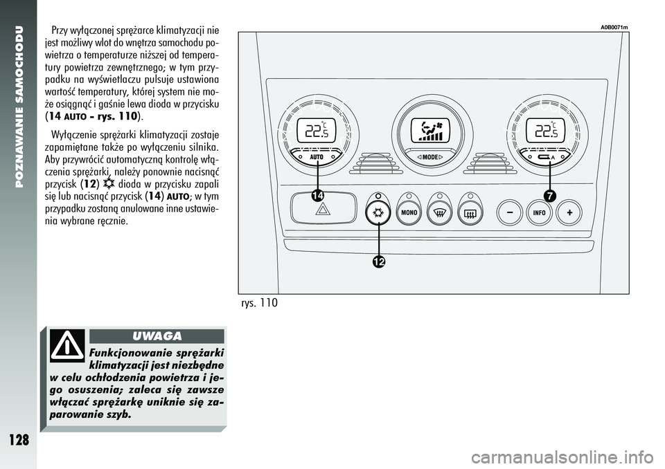 Alfa Romeo 156 2006  Instrukcja obsługi (in Polish) POZNAWANIE SAMOCHODU
128
Przy wy∏àczonej spr´˝arce klimatyzacji nie
jest mo˝liwy wlot do wn´trza samochodu po-
wietrza o temperaturze ni˝szej od tempera-
tury powietrza zewn´trznego; w tym pr