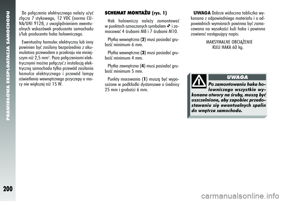 Alfa Romeo 156 2007  Instrukcja obsługi (in Polish) PRAWID¸OWA EKSPLOATACJA SAMOCHODU
200
SCHEMAT MONTA˚U
(rys. 1)
Hak holowniczy nale˝y zamontowaç
w punktach oznaczonych symbolem 
Ø
iza-
mocowaç 4 Êrubami M8 i 7 Êrubami M10.
P∏ytka wewn´trz