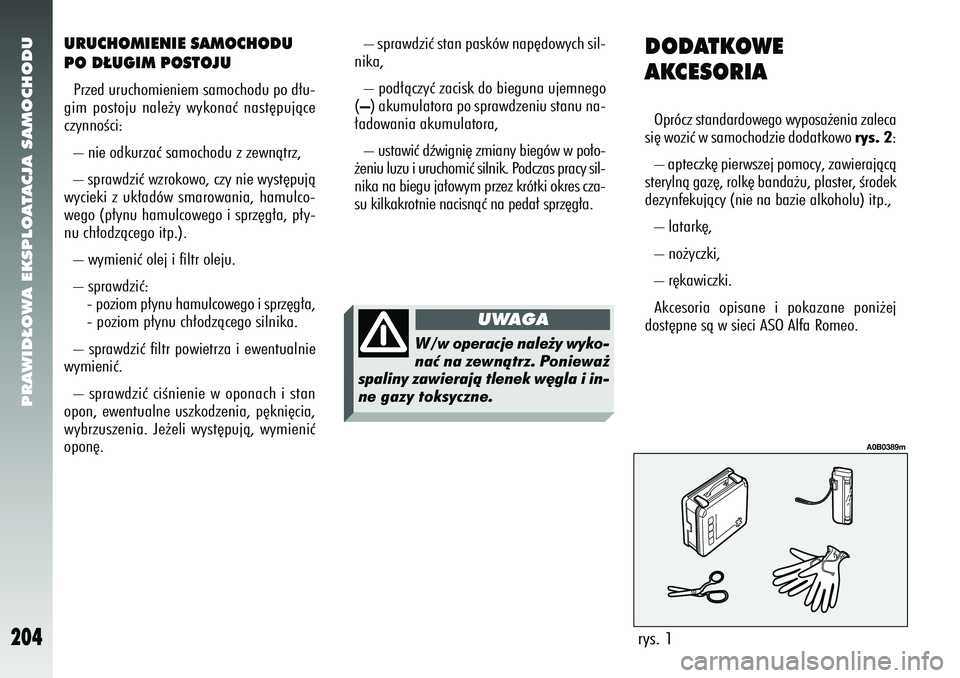 Alfa Romeo 156 2007  Instrukcja obsługi (in Polish) PRAWID¸OWA EKSPLOATACJA SAMOCHODU
204
URUCHOMIENIE SAMOCHODU
PO D¸UGIM POSTOJUPrzed uruchomieniem samochodu po d∏u-
gim postoju nale˝y wykonaç nast´pujàce
czynnoÊci:
– nie odkurzaç samocho