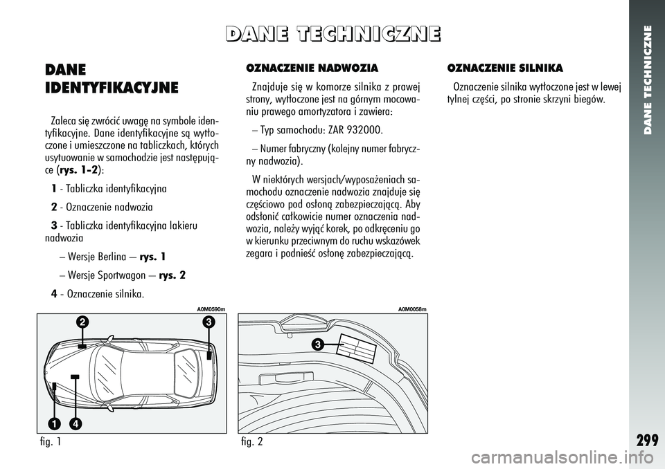 Alfa Romeo 156 2007 Instrukcja obsługi (in Polish) DANE TECHNICZNE
299
OZNACZENIE NADWOZIAZnajduje si´ w komorze silnika z prawej
strony, wyt∏oczone jest na górnym mocowa-
niu prawego amortyzatora i zawiera:–Typ samochodu: ZAR 932000.–Numer fa Alfa Romeo 156 2007 Instrukcja obsługi (in Polish) DANE TECHNICZNE
299
OZNACZENIE NADWOZIAZnajduje si´ w komorze silnika z prawej
strony, wyt∏oczone jest na górnym mocowa-
niu prawego amortyzatora i zawiera:–Typ samochodu: ZAR 932000.–Numer fa