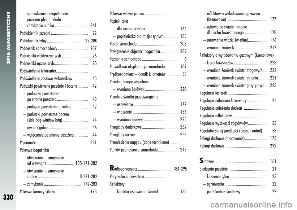 Alfa Romeo 156 2007  Instrukcja obsługi (in Polish) SPIS ALFABETYCZNY
330
– sprawdzenie i uzupe∏nienie poziomu p∏ynu uk∏adu 
ch∏odzenia silnika................................. 261
Pod∏okietnik przedni .................................... 2