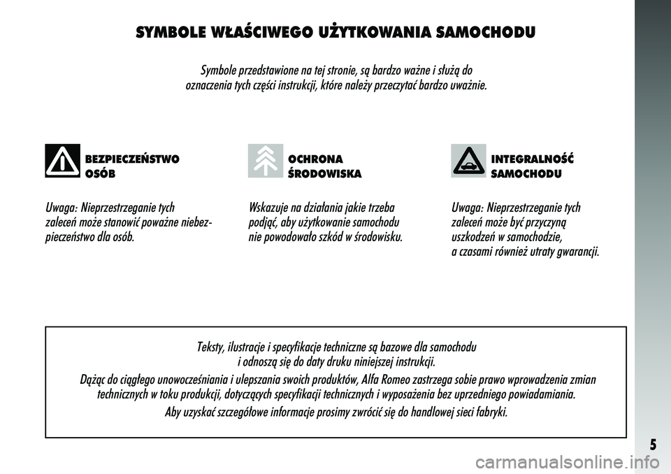 Alfa Romeo 156 2007  Instrukcja obsługi (in Polish) 5
SYMBOLE W¸AÂCIWEGO U˚YTKOWANIA SAMOCHODU
Symbole przedstawione na tej stronie, sà bardzo wa˝ne i s∏u˝à do
oznaczenia tych cz´Êci instrukcji, które nale˝y przeczytaç\
 bardzo uwa˝nie.
