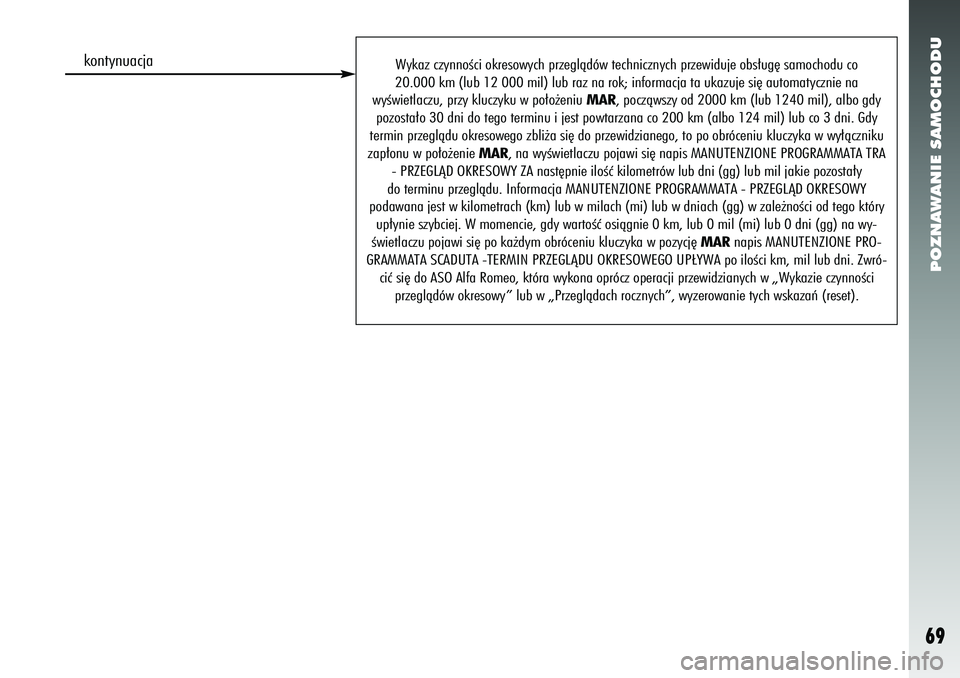 Alfa Romeo 156 2007  Instrukcja obsługi (in Polish) POZNAWANIE SAMOCHODU69
Wykaz czynnoÊci okresowych przeglàdów technicznych przewiduje o\
bs∏ug´ samochodu co
20.000 km (lub 12 000 mil) lub raz na rok; informacja ta ukazuje si´ autom\
atycznie 