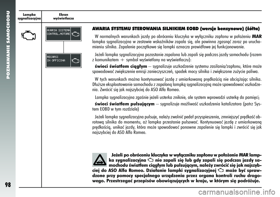 Alfa Romeo 156 2005 Instrukcja obsługi (in Polish) POZNAWANIE SAMOCHODU98
Lampka
sygnalizacyjna Ekran
wyÊwietlaczaU
AWARIA SYSTEMU STEROWANIA SILNIKIEM EOBD (wersje benzynowe) (˝ó∏ta)W normalnych warunkach jazdy po obróceniu kluczyka w wy∏àcz Alfa Romeo 156 2005 Instrukcja obsługi (in Polish) POZNAWANIE SAMOCHODU98
Lampka
sygnalizacyjna Ekran
wyÊwietlaczaU
AWARIA SYSTEMU STEROWANIA SILNIKIEM EOBD (wersje benzynowe) (˝ó∏ta)W normalnych warunkach jazdy po obróceniu kluczyka w wy∏àcz
