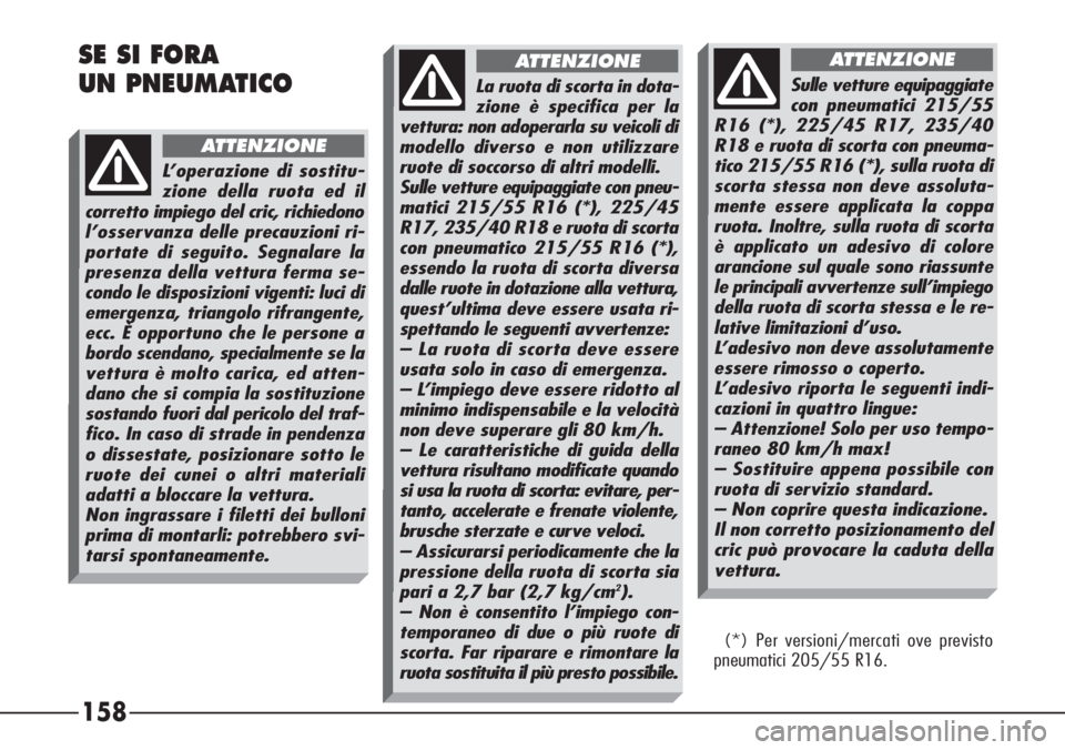 Alfa Romeo 166 2007 Libretto Uso Manutenzione (in Italian) 158 SE SI FORA
UN PNEUMATICO
L’operazione di sostitu-
zione della ruota ed il
corretto impiego del cric, richiedono
l’osservanza delle precauzioni ri-
portate di seguito. Segnalare la
presenza de Alfa Romeo 166 2007 Libretto Uso Manutenzione (in Italian) 158 SE SI FORA
UN PNEUMATICO
L’operazione di sostitu-
zione della ruota ed il
corretto impiego del cric, richiedono
l’osservanza delle precauzioni ri-
portate di seguito. Segnalare la
presenza de