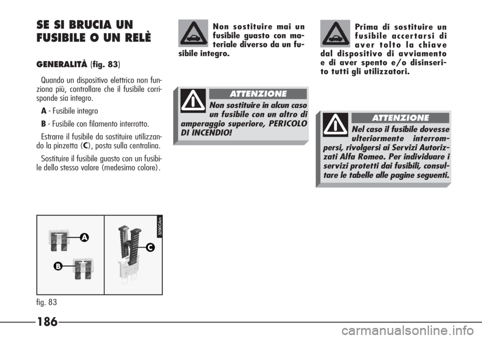 Alfa Romeo 166 2007 Libretto Uso Manutenzione (in Italian) 186
3290CAm
fig. 83
SE SI BRUCIA UN
FUSIBILE O UN RELÈ
GENERALITÀ(fig. 83)
Quando un dispositivo elettrico non fun-
ziona più, controllare che il fusibile corri-
sponde sia integro.
A- Fusibile in Alfa Romeo 166 2007 Libretto Uso Manutenzione (in Italian) 186
3290CAm
fig. 83
SE SI BRUCIA UN
FUSIBILE O UN RELÈ
GENERALITÀ(fig. 83)
Quando un dispositivo elettrico non fun-
ziona più, controllare che il fusibile corri-
sponde sia integro.
A- Fusibile in