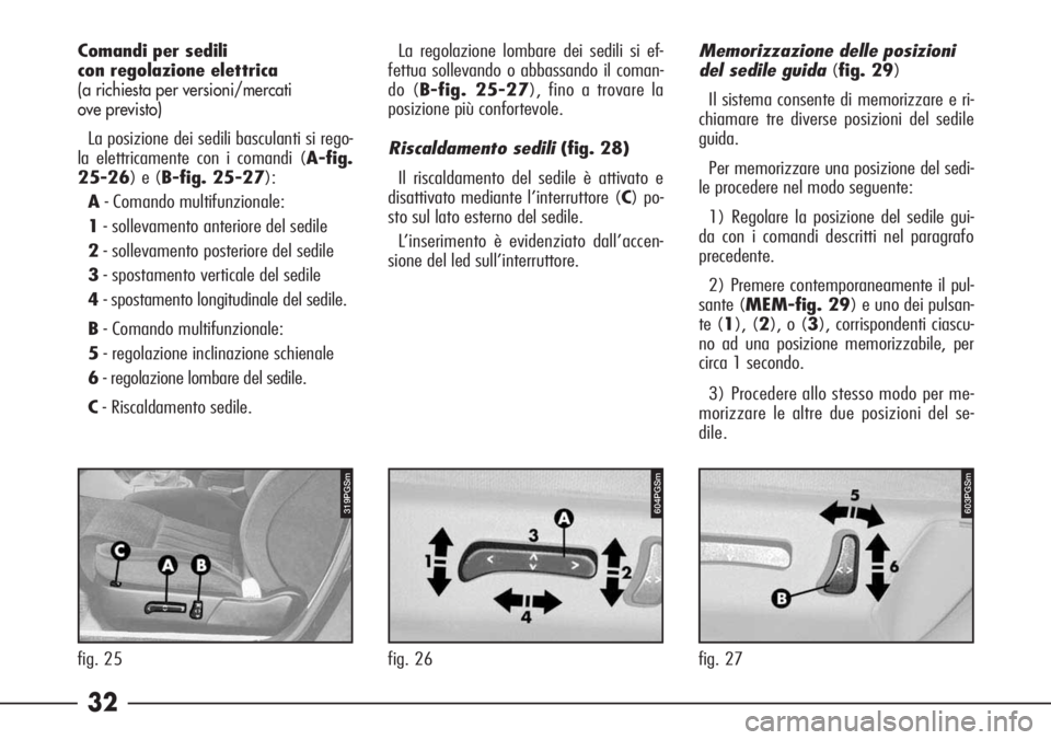 Alfa Romeo 166 2006 Libretto Uso Manutenzione (in Italian) 32
fig. 26 fig. 25
319PGSm604PGSm
fig. 27
603PGSm
Comandi per sedili
con regolazione elettrica
(a richiesta per versioni/mercati
ove previsto)
La posizione dei sedili basculanti si rego-
la elettric Alfa Romeo 166 2006 Libretto Uso Manutenzione (in Italian) 32
fig. 26 fig. 25
319PGSm604PGSm
fig. 27
603PGSm
Comandi per sedili
con regolazione elettrica
(a richiesta per versioni/mercati
ove previsto)
La posizione dei sedili basculanti si rego-
la elettric