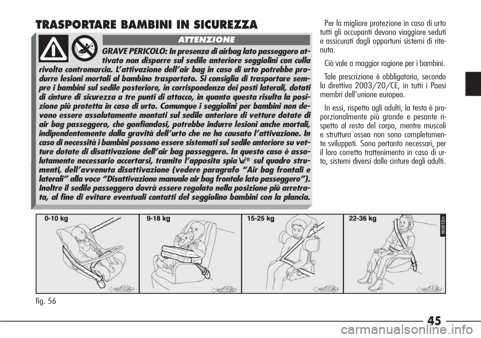 Alfa Romeo 166 2006 Libretto Uso Manutenzione (in Italian) 45
TRASPORTARE BAMBINI IN SICUREZZAPer la migliore protezione in caso di urto
tutti gli occupanti devono viaggiare seduti
e assicurati dagli opportuni sistemi di rite-
nuta.
Ciò vale a maggior ragion Alfa Romeo 166 2006 Libretto Uso Manutenzione (in Italian) 45
TRASPORTARE BAMBINI IN SICUREZZAPer la migliore protezione in caso di urto
tutti gli occupanti devono viaggiare seduti
e assicurati dagli opportuni sistemi di rite-
nuta.
Ciò vale a maggior ragion