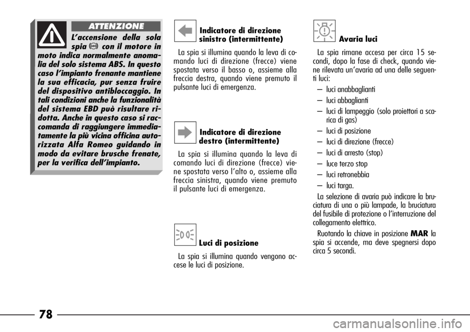 Alfa Romeo 166 2006  Libretto Uso Manutenzione (in Italian) 78
Indicatore di direzione
sinistro (intermittente)
La spia si illumina quando la leva di co-
mando luci di direzione (frecce) viene
spostata verso il basso o, assieme alla
freccia destra, quando vien