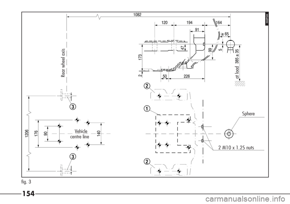 Alfa Romeo 166 2006 Owner handbook (in English) 154
592PGS
fig. 3Sphere
2 M10 x 1.25 nuts
at load
Vehicle
centre line
Rear wheel axis Alfa Romeo 166 2006 Owner handbook (in English) 154
592PGS
fig. 3Sphere
2 M10 x 1.25 nuts
at load
Vehicle
centre line
Rear wheel axis