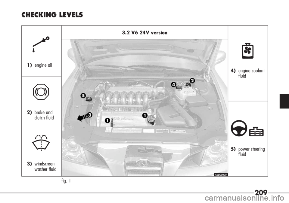 Alfa Romeo 166 2007  Owner handbook (in English) 209
3.2 V6 24V version
fig. 1
k
1)engine oil
π
2)brake and
clutch fluid
+
3)windscreen
washer fluid
n
4)engine coolant
fluid
∂
5)power steering
fluid
A0D0099m
CHECKING LEVELS 
