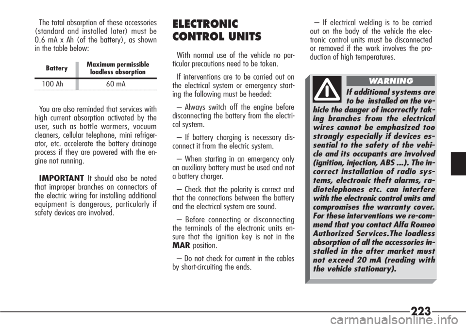 Alfa Romeo 166 2007  Owner handbook (in English) 223
– If electrical welding is to be carried
out on the body of the vehicle the elec-
tronic control units must be disconnected
or removed if the work involves the pro-
duction of high temperatures.