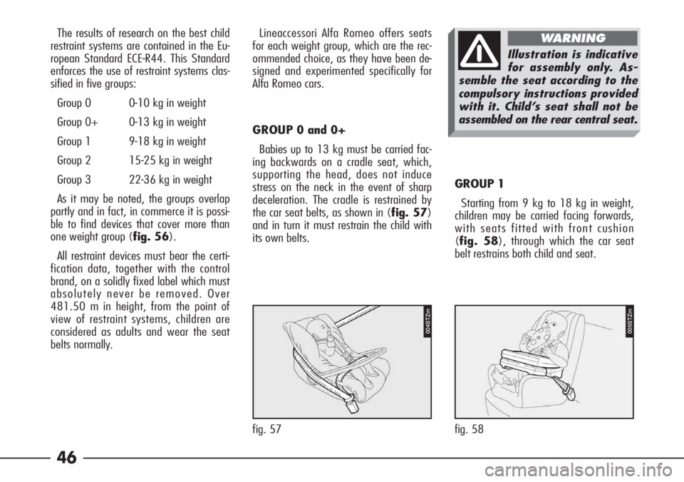 Alfa Romeo 166 2008  Owner handbook (in English) 46
The results of research on the best child
restraint systems are contained in the Eu-
ropean Standard ECE-R44. This Standard
enforces the use of restraint systems clas-
sified in five groups:
Group 