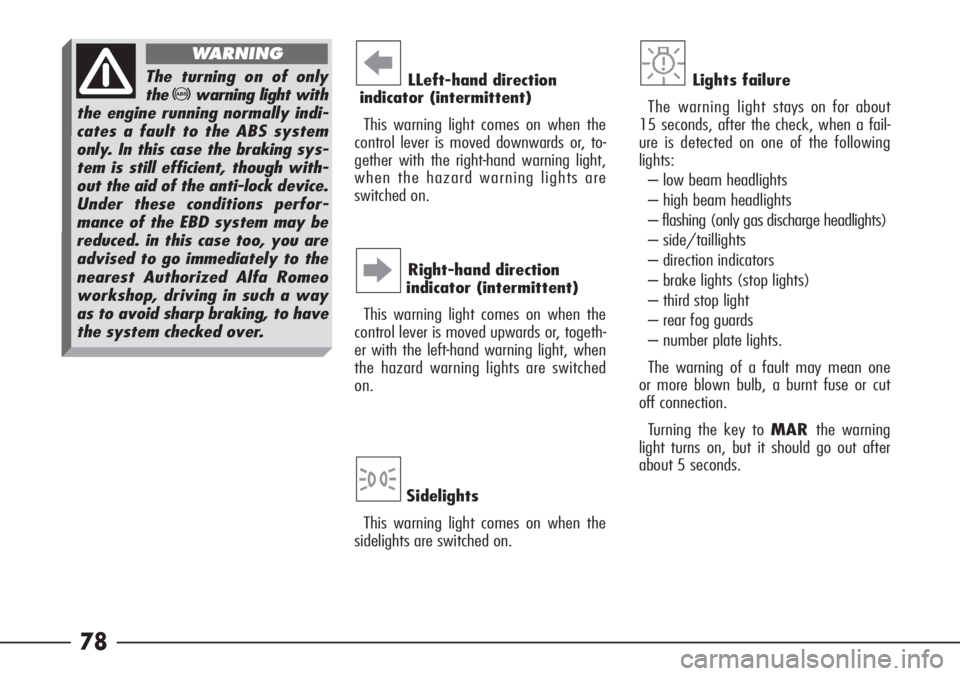 Alfa Romeo 166 2007  Owner handbook (in English) 78
LLeft-hand direction 
indicator (intermittent)
This warning light comes on when the
control lever is moved downwards or, to-
gether with the right-hand warning light,
when the hazard warning lights