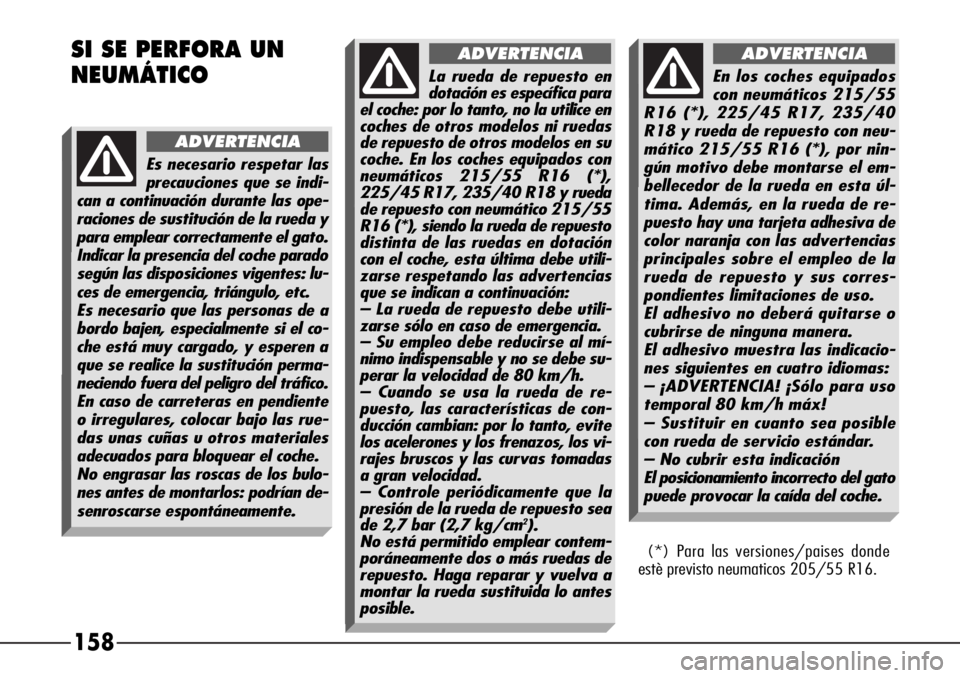 Alfa Romeo 166 2008 Manual de Empleo y Cuidado (in Spanish) 158 SI SE PERFORA UN
NEUMÁTICO
Es necesario respetar las
precauciones que se indi-
can a continuación durante las ope-
raciones de sustitución de la rueda y
para emplear correctamente el gato.
Indi Alfa Romeo 166 2008 Manual de Empleo y Cuidado (in Spanish) 158 SI SE PERFORA UN
NEUMÁTICO
Es necesario respetar las
precauciones que se indi-
can a continuación durante las ope-
raciones de sustitución de la rueda y
para emplear correctamente el gato.
Indi