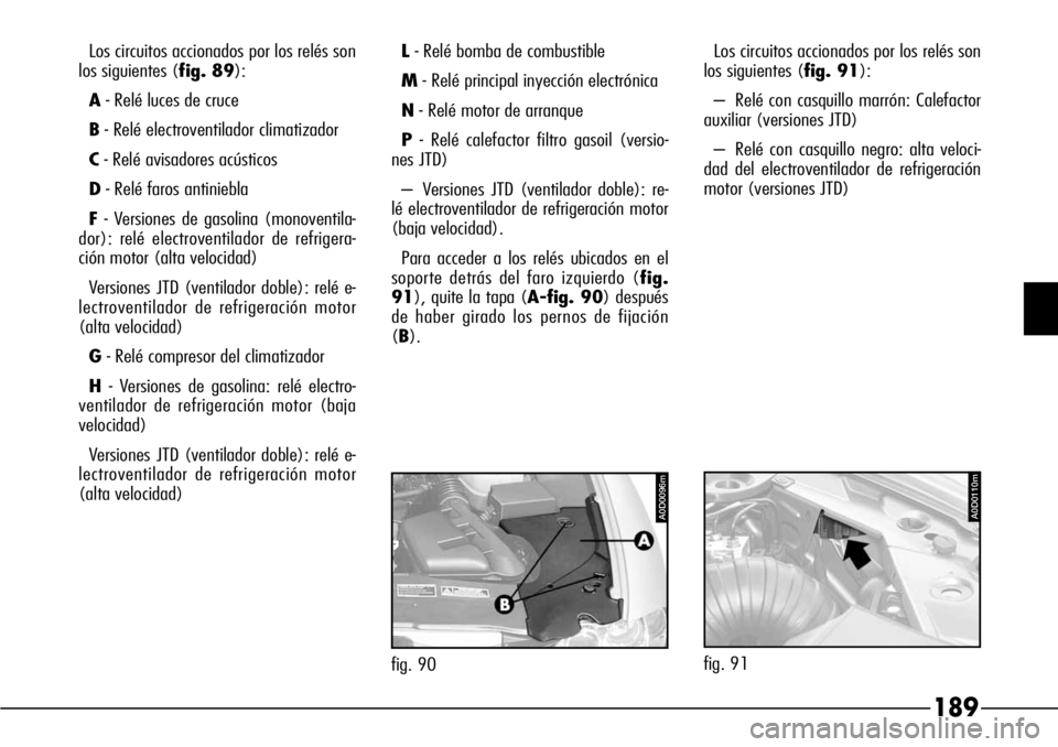 Alfa Romeo 166 2008  Manual de Empleo y Cuidado (in Spanish) 189
Los circuitos accionados por los relés son
los siguientes (fig. 89):
A- Relé luces de cruce
B- Relé electroventilador climatizador
C- Relé avisadores acústicos
D- Relé faros antiniebla
F- Ve