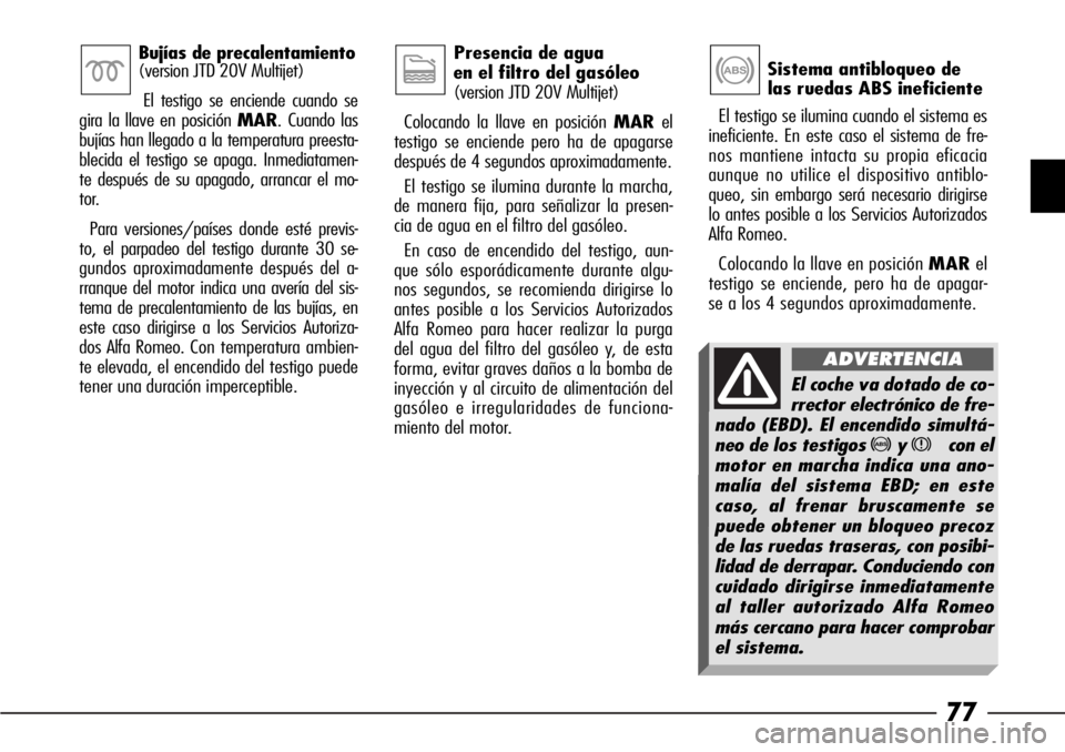 Alfa Romeo 166 2007  Manual de Empleo y Cuidado (in Spanish) 77
Sistema antibloqueo de 
las ruedas ABS ineficiente
El testigo se ilumina cuando el sistema es
ineficiente. En este caso el sistema de fre-
nos mantiene intacta su propia eficacia
aunque no utilice 