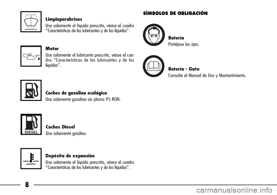 Alfa Romeo 166 2008 Manual de Empleo y Cuidado (in Spanish) SÍMBOLOS DE OBLIGACIÓN
DIESEL
Coches Diesel
Use solamente gasóleo.
Batería
Protéjase los ojos.
Batería - Gato
Consulte el Manual de Uso y Mantenimiento.
Depósito de expansión
Use solamente el Alfa Romeo 166 2008 Manual de Empleo y Cuidado (in Spanish) SÍMBOLOS DE OBLIGACIÓN
DIESEL
Coches Diesel
Use solamente gasóleo.
Batería
Protéjase los ojos.
Batería - Gato
Consulte el Manual de Uso y Mantenimiento.
Depósito de expansión
Use solamente el