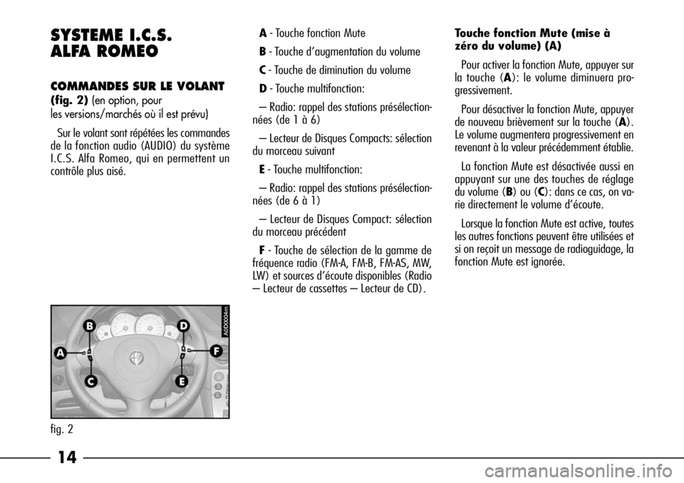 Alfa Romeo 166 2006  Notice dentretien (in French) 14 SYSTEME I.C.S. 
ALFA ROMEO
COMMANDES SUR LE VOLANT
(fig. 2) (en option, pour 
les versions/marchés où il est prévu)
Sur le volant sont répétées les commandes
de la fonction audio (AUDIO) du s