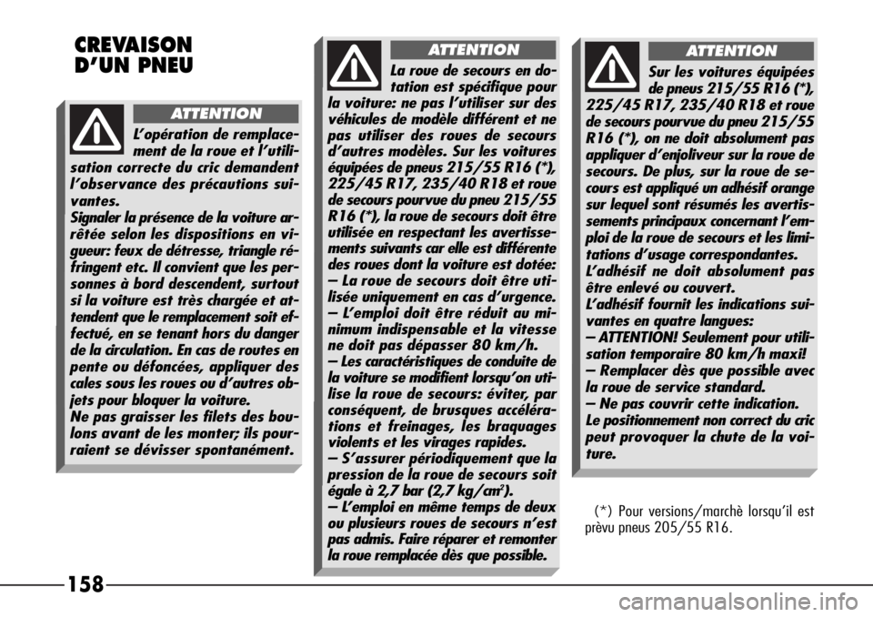 Alfa Romeo 166 2008  Notice dentretien (in French) 158
L’opération de remplace-
ment de la roue et l’utili-
sation correcte du cric demandent
l’observance des précautions sui-
vantes.
Signaler la présence de la voiture ar-
rêtée selon les d