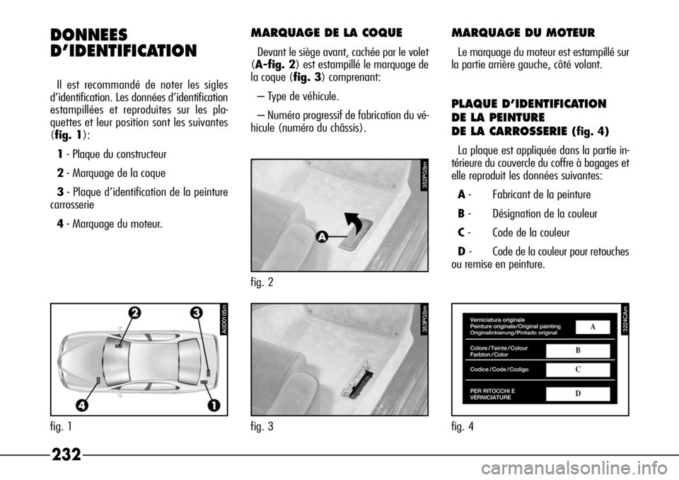 Alfa Romeo 166 2008  Notice dentretien (in French) 232 DONNEES
D’IDENTIFICATION
Il est recommandé de noter les sigles
d’identification. Les données d’identification
estampillées et reproduites sur les pla-
quettes et leur position sont les su