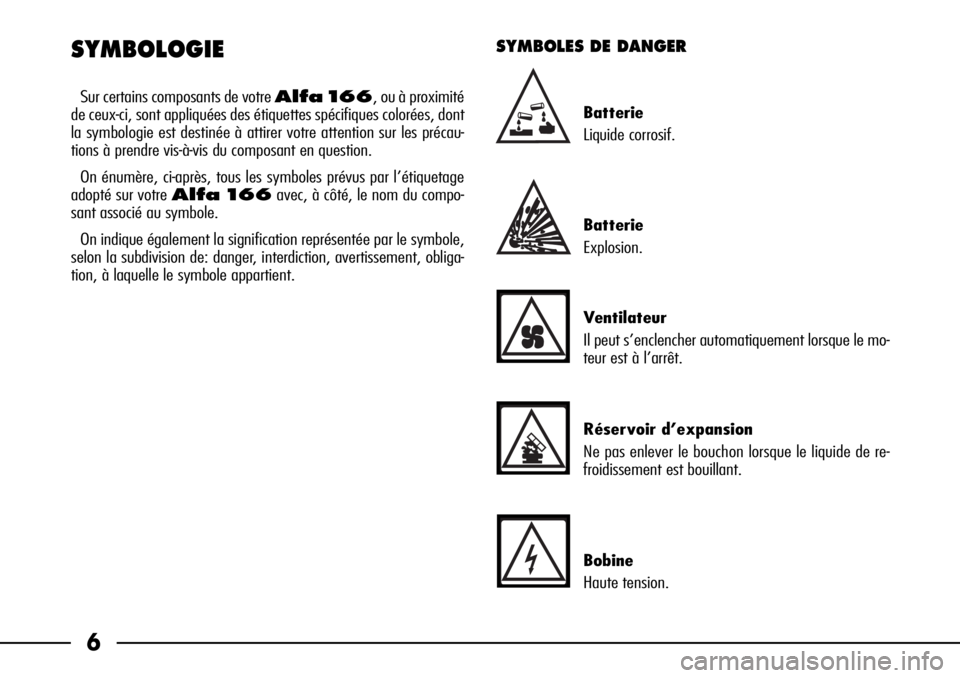 Alfa Romeo 166 2006  Notice dentretien (in French) 6 SYMBOLOGIE
Sur certains composants de votre Alfa 166, ou à proximité
de ceux-ci, sont appliquées des étiquettes spécifiques colorées, dont
la symbologie est destinée à attirer votre attentio