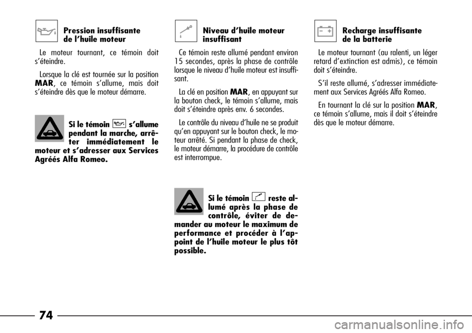 Alfa Romeo 166 2008  Notice dentretien (in French) 74
Pression insuffisante 
de l’huile moteur
Le moteur tournant, ce témoin doit
s’éteindre.
Lorsque la clé est tournée sur la position
MAR, ce témoin s’allume, mais doit
s’éteindre dès q