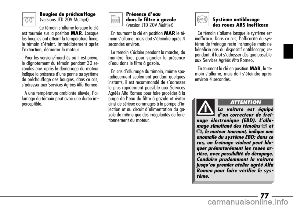 Alfa Romeo 166 2006  Notice dentretien (in French) 77
Système antiblocage 
des roues ABS inefficace
Ce témoin s’allume lorsque le système est
inefficace. Dans ce cas, l’efficacité du sys-
tème de freinage reste inchangée mais ne
bénéficie 