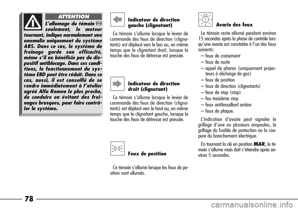 Alfa Romeo 166 2008  Notice dentretien (in French) 78
Indicateur de direction
gauche (clignotant)
Ce témoin s’allume lorsque le levier de
commande des feux de direction (cligno-
tants) est déplacé vers le bas ou, en même
temps que le clignotant 
