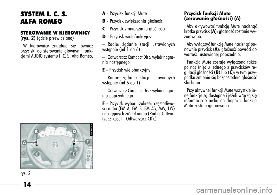 Alfa Romeo 166 2006  Instrukcja obsługi (in Polish) 14SYSTEM I. C. S. 
ALFA ROMEOSTEROWANIE W KIEROWNICY(rys. 2) (gdzie przewidziano)W kierownicy znajdujà si´ równie˝
przyciski do sterowania g∏ównymi funk-
cjami AUDIO systemu I. C. S. Alfa Romeo