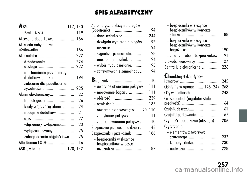 Alfa Romeo 166 2004  Instrukcja obsługi (in Polish) 257
A
ABS.................................. 117, 140
- Brake Assist............................ 119
Akcesoria dodatkowe.................... 156 
Akcesoria nabyte przez 
u˝ytkownika. .................