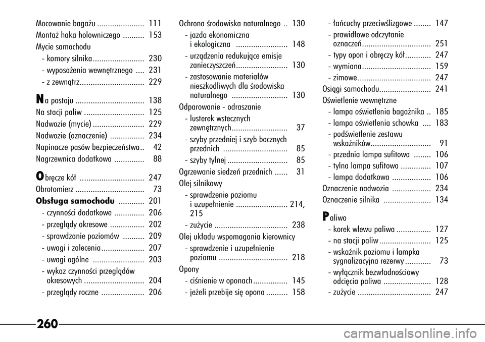 Alfa Romeo 166 2005  Instrukcja obsługi (in Polish) 260Mocowanie baga˝u ...................... 111
Monta˝ haka holowniczego .......... 153
Mycie samochodu- komory silnika ........................ 230
- wyposa˝enia wewn´trznego .... 231
- z zewnàtr