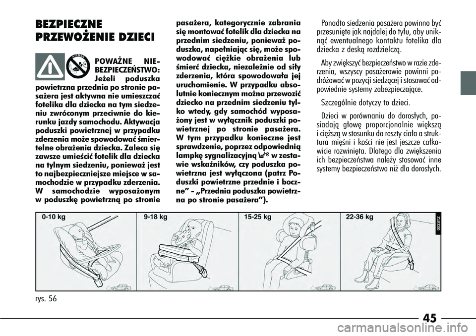 Alfa Romeo 166 2005  Instrukcja obsługi (in Polish) 45
BEZPIECZNE
PRZEWO˚ENIE DZIECI
POWA˚NE NIE-
BEZPIECZE¡STWO:
Je˝eli poduszka
powietrzna przednia po stronie pa-
sa˝era jest aktywna nie umieszczaç
fotelika dla dziecka na tym siedze-
niu zwróc
