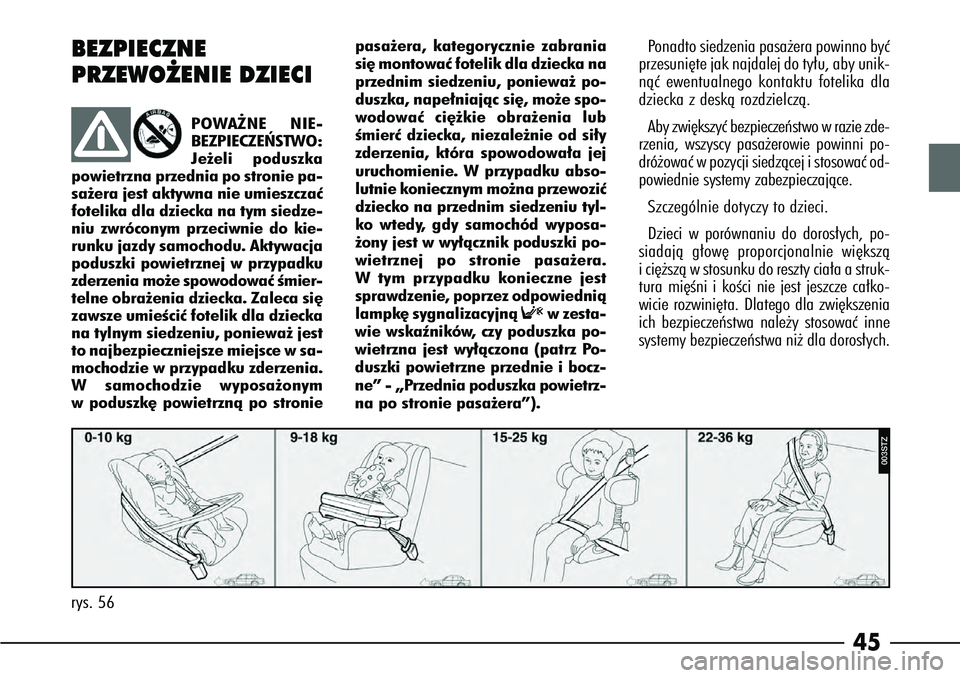 Alfa Romeo 166 2005 Instrukcja obsługi (in Polish) 45
BEZPIECZNE
PRZEWO˚ENIE DZIECI
POWA˚NE NIE-
BEZPIECZE¡STWO:
Je˝eli poduszka
powietrzna przednia po stronie pa-
sa˝era jest aktywna nie umieszczaç
fotelika dla dziecka na tym siedze-
niu zwróc Alfa Romeo 166 2005 Instrukcja obsługi (in Polish) 45
BEZPIECZNE
PRZEWO˚ENIE DZIECI
POWA˚NE NIE-
BEZPIECZE¡STWO:
Je˝eli poduszka
powietrzna przednia po stronie pa-
sa˝era jest aktywna nie umieszczaç
fotelika dla dziecka na tym siedze-
niu zwróc