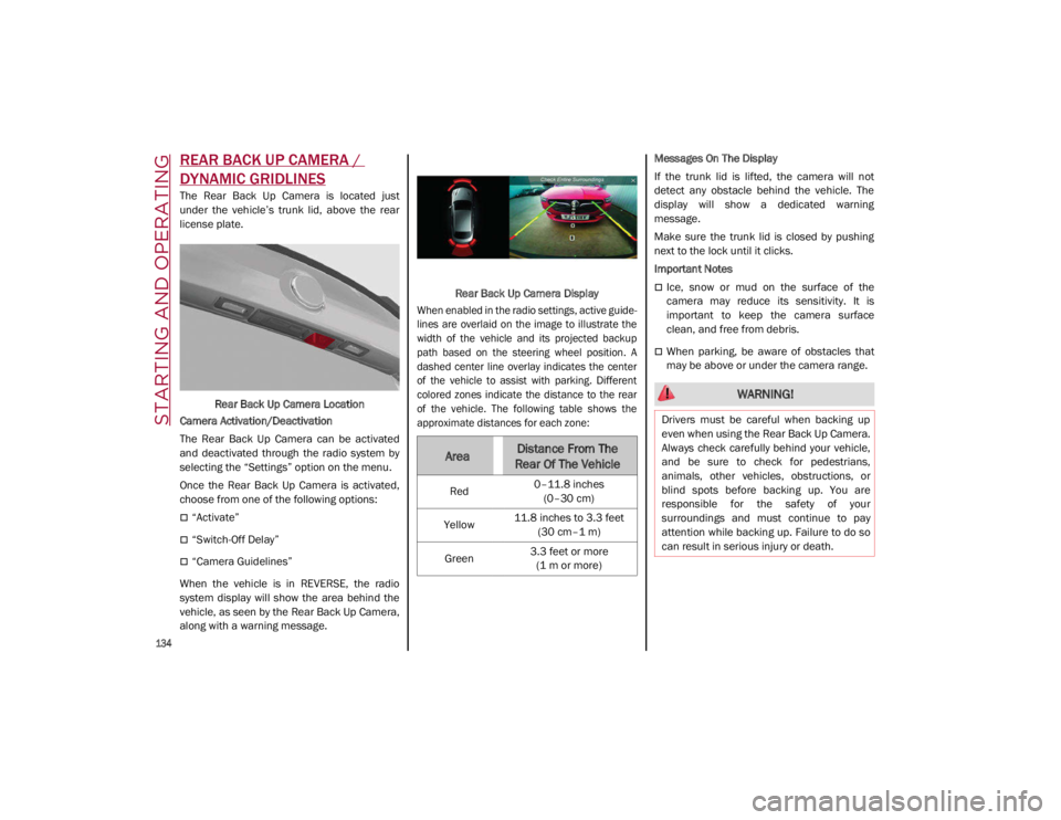 ALFA ROMEO GIULIA 2021 Owners Manual STARTING AND OPERATING
134
REAR BACK UP CAMERA /
DYNAMIC GRIDLINES
The Rear Back Up Camera is located just
under the vehicle’s trunk lid, above the rear
license plate.Rear Back Up C ALFA ROMEO GIULIA 2021 Owners Manual STARTING AND OPERATING
134
REAR BACK UP CAMERA /
DYNAMIC GRIDLINES
The Rear Back Up Camera is located just
under the vehicle’s trunk lid, above the rear
license plate.Rear Back Up C