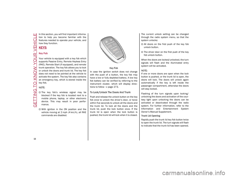 ALFA ROMEO GIULIA 2021 User Guide 
16

GETTING TO KNOW YOUR VEHICLE
In this section, you will find important informa-
tion  to  help  you  become  familiar  with  the
features  needed  to  operate  your  vehicle,  and
how they functio