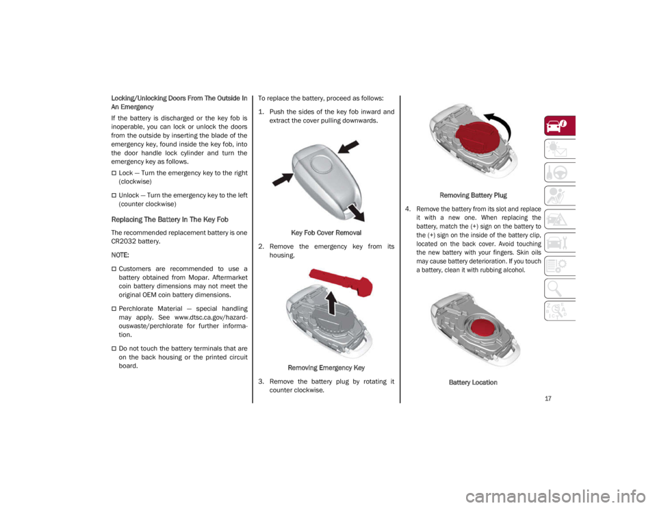 ALFA ROMEO GIULIA 2021 User Guide 
17

Locking/Unlocking Doors From The Outside In
An Emergency
If  the  battery  is  discharged  or  the  key  fob  is
inoperable,  you  can  lock  or  unlock  the  doors
from  the outside by inserting