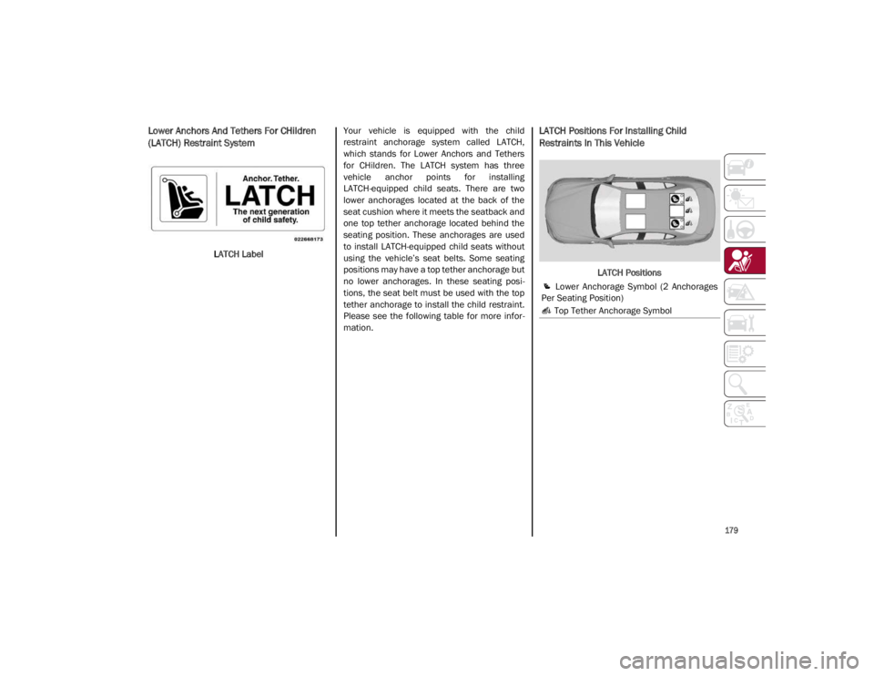ALFA ROMEO GIULIA 2021 Owners Manual
179
Lower Anchors And Tethers For CHildren
(LATCH) Restraint System
LATCH LabelYour vehicle is equipped with the child
restraint anchorage system called LATCH,
which stands for Lower ALFA ROMEO GIULIA 2021 Owners Manual
179
Lower Anchors And Tethers For CHildren
(LATCH) Restraint System
LATCH LabelYour vehicle is equipped with the child
restraint anchorage system called LATCH,
which stands for Lower