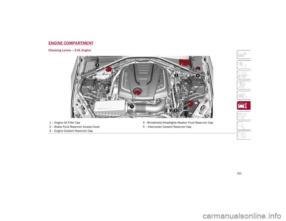 ALFA ROMEO GIULIA 2021 Owners Manual
211
ENGINE COMPARTMENT
Checking Levels — 2.0L Engine
1 – Engine Oil Filler Cap4 –Windshield/Headlights Washer Fluid Reservoir Cap
2 – Brake Fluid Reservoir Access Cover 5 – Intercooler Coo ALFA ROMEO GIULIA 2021 Owners Manual
211
ENGINE COMPARTMENT
Checking Levels — 2.0L Engine
1 – Engine Oil Filler Cap4 –Windshield/Headlights Washer Fluid Reservoir Cap
2 – Brake Fluid Reservoir Access Cover 5 – Intercooler Coo