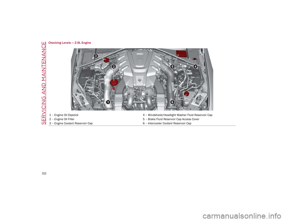ALFA ROMEO GIULIA 2021 Owners Manual SERVICING AND MAINTENANCE
212
Checking Levels — 2.9L Engine
1 – Engine Oil Dipstick4 – Windshield/Headlight Washer Fluid Reservoir Cap
2 – Engine Oil Filler 5 – Brake Fluid Reservoir Cap ALFA ROMEO GIULIA 2021 Owners Manual SERVICING AND MAINTENANCE
212
Checking Levels — 2.9L Engine
1 – Engine Oil Dipstick4 – Windshield/Headlight Washer Fluid Reservoir Cap
2 – Engine Oil Filler 5 – Brake Fluid Reservoir Cap